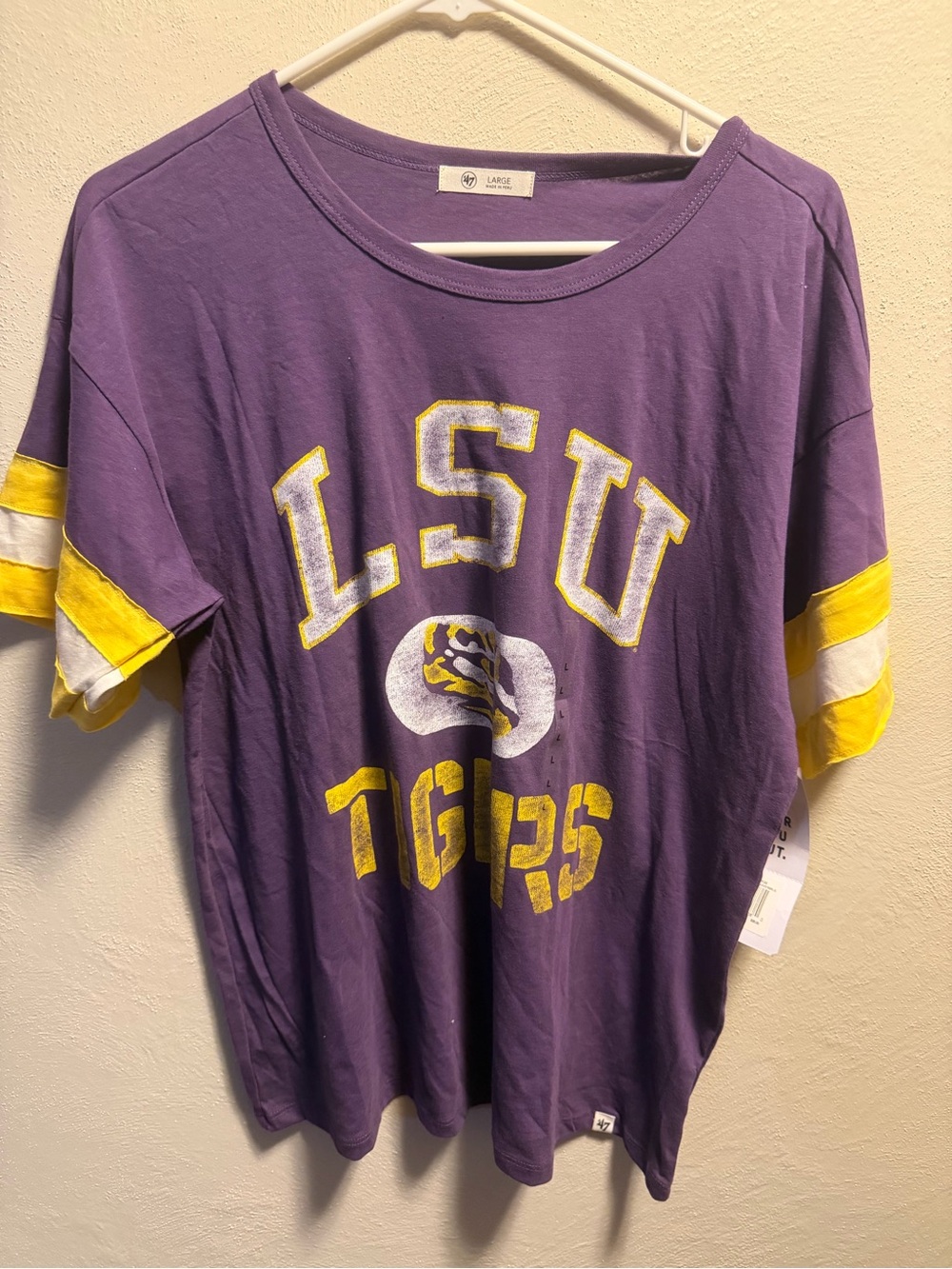 47 Brand Purple Tee with Yellow & White Sleeve Stripes